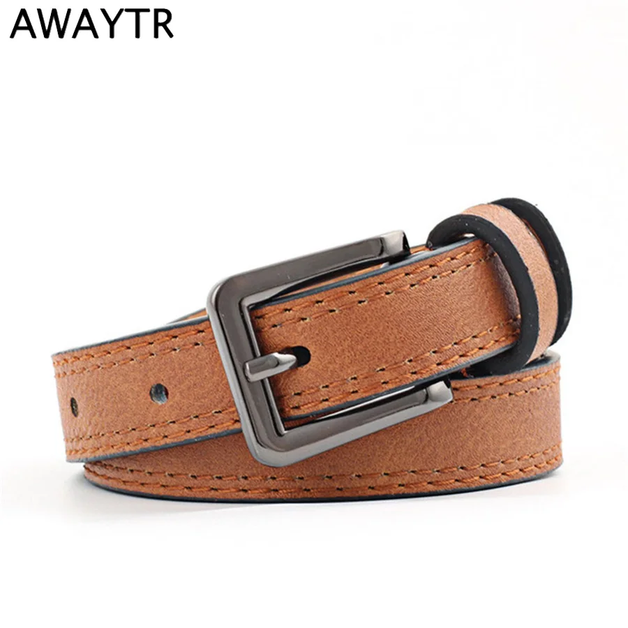 

AWAYTR Korean Fashion Pin Buckle Belt For Women Ladies Simple PU Belt Bouble Line Woman Belt Metal Buckle Jeans Accessories