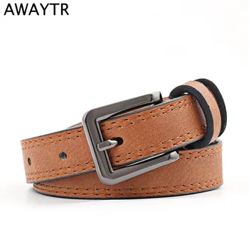 

AWAYTR Korean Fashion Pin Buckle Belt For Women Ladies Simple PU Belt Bouble Line Woman Belt Metal Buckle Jeans Accessories