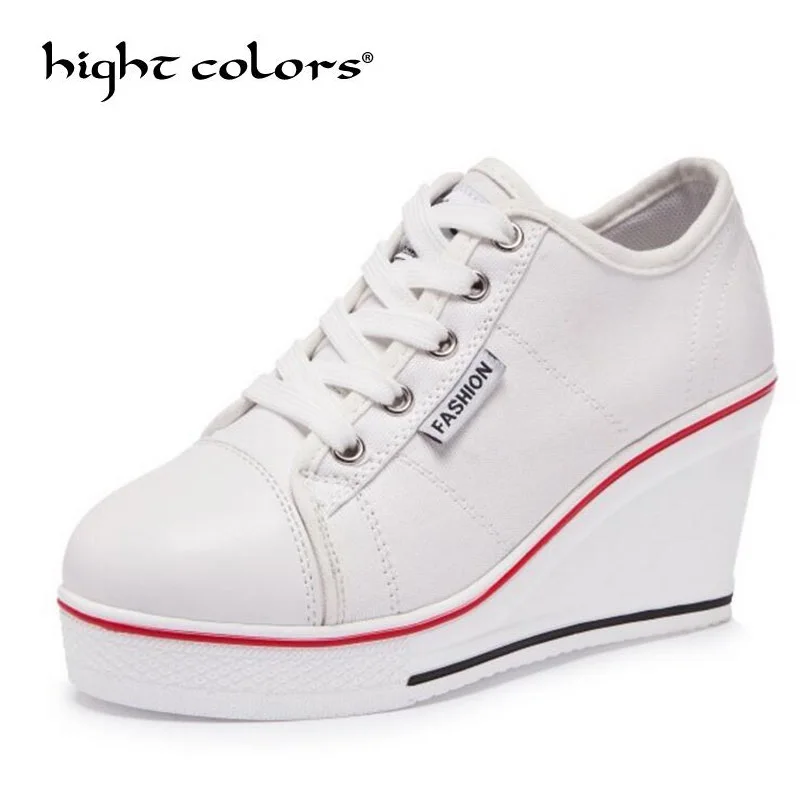 

8cm Women Sneakers Thick Bottom Wedge Vulcanize Shoes Female Canvas Shoes For Women's Platform Lace Up Casual Shoes White