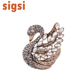 

100pcs/ Antique Jewelry Finish Rhinestone Crystal Swan Brooches for Women Alloy Vintage Bird Animal Pin Brooch