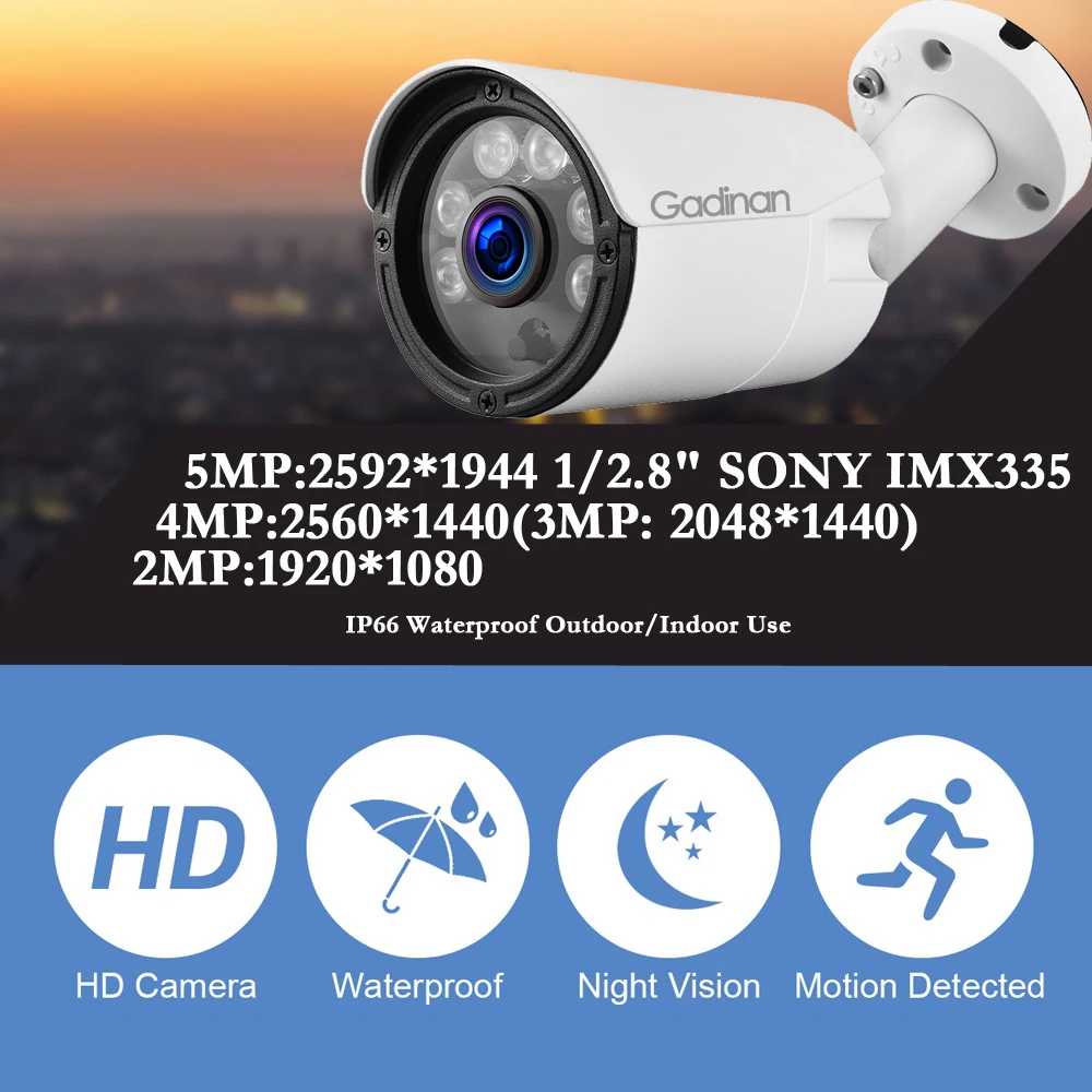 Gadinan 5MP 2592*1944 sony IMX335 IP Bullet камера 4MP 3MP 1080P POE H.265 низкая подсветка металлическая наружная ИК ночного видения Onvif