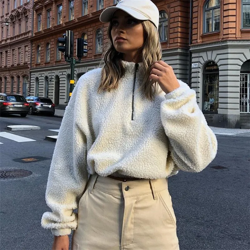 

Long Sleeve Zipper High Neck Faux Lambswool Crop Tops Jacket Zippers Autumn Winter Women Fashion Solid Coat