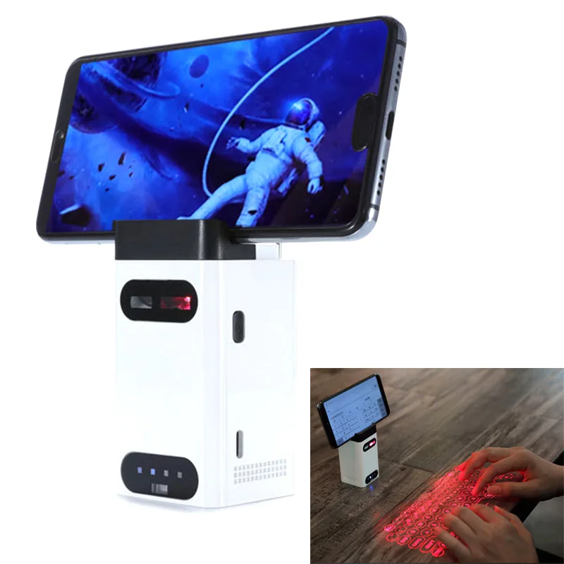 

Bluetooth Mobile Phone holder with wireless laser projection keyboard with power bank usb connection for Apple, Android windows