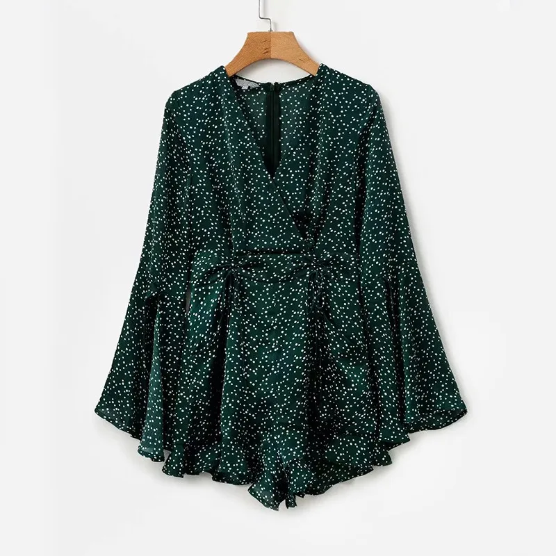 IUURANUS Green Polka Dot Playsuit Summer Women Overalls beach V neck Sexy Short Jumpsuit Women Rompers Long Flare Sleeve