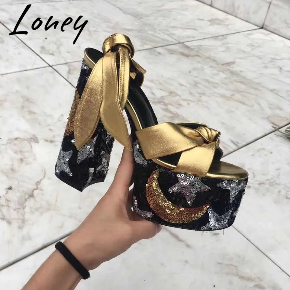 

Loney New Gold Genuine Leather Bowtie Summer Sandals Sexy Platform Chunky Heel HIgh Heels Sandals Shoes Women Brand