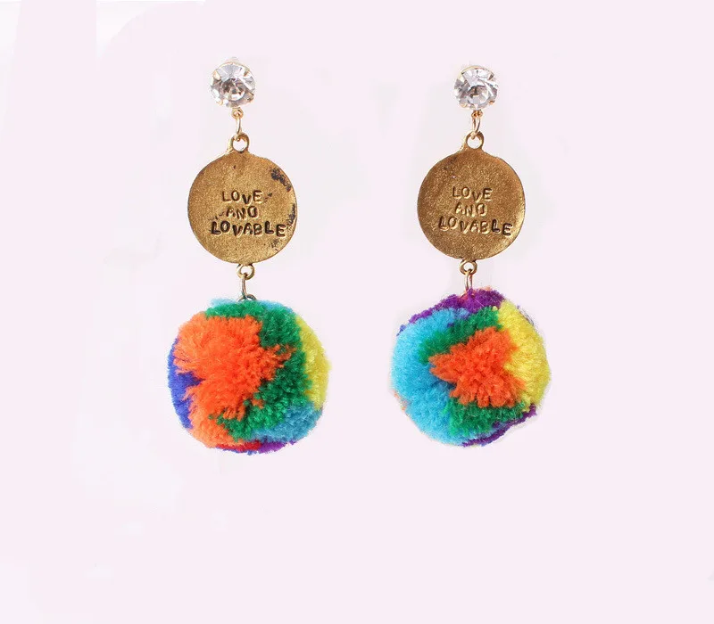 

Colorful Cute Pom Pom Earrings For Women Gold Color Metal With Rhinestone fluffy Ball Drop Dangle Earrings Winter Jewelry