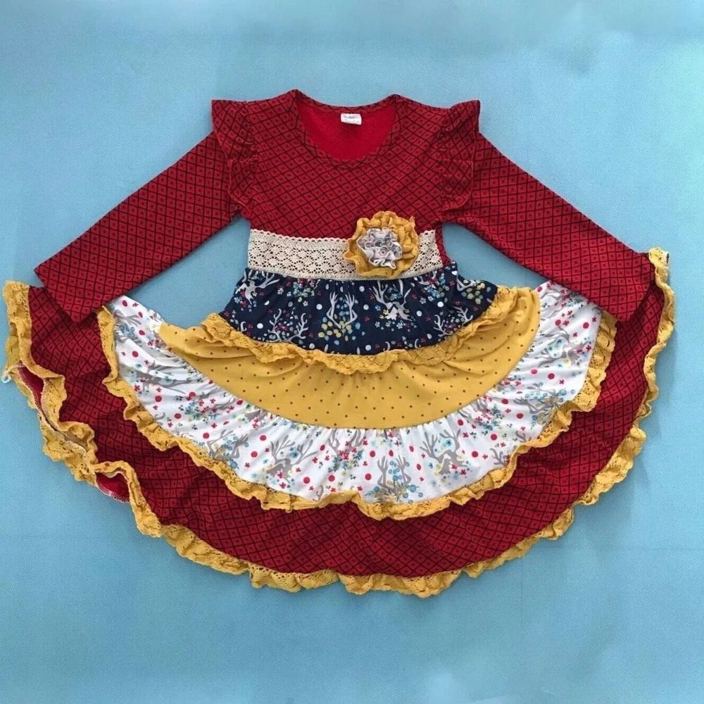 

New Fashion Girls Winter Floral Dress Princess Boutique Multiple layers Ruffle Cake Dress Children Party Remake LYQ801-023