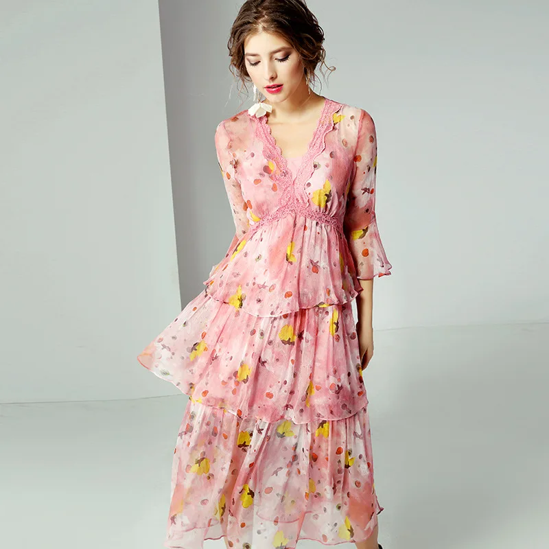 

New Summer Women's Wear Luxury Casual A-line V-neck Dresses Flare Sleeve Real Silk Printed Lace Stitching 2 Pieces Dress R10809