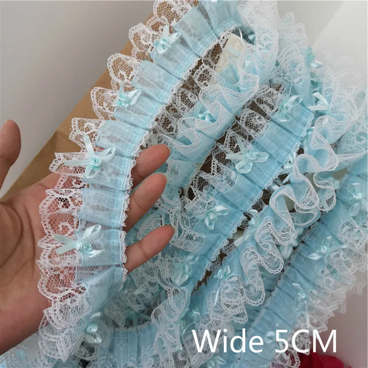 

5CM Wide Sky Blue Pleated Chiffon Lace 3D Bows Guipure Fabric Embroidered Ribbon Edge Applique For DIY Dress Sewing Supplies