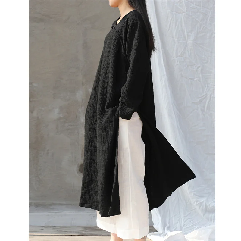 Koop SCUWLINEN 2018 Lente Herfst Vrouwen Jurk Solid Lange mouw Handgemaakte Plaat Knoppen Side Split Lange Katoen Jurken W31