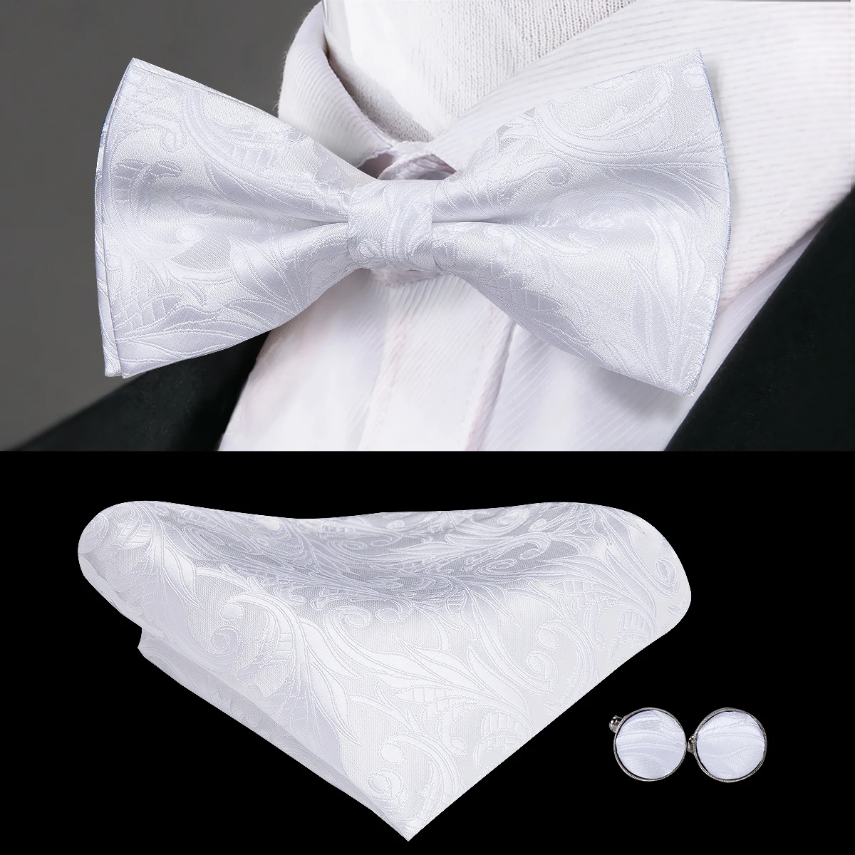 Hi-Tie Classic Party Wedding Bow Tie Set for Men Silk White Butterfly Necktie Floral Handkerchief Cufflinks Ties Set  F-790