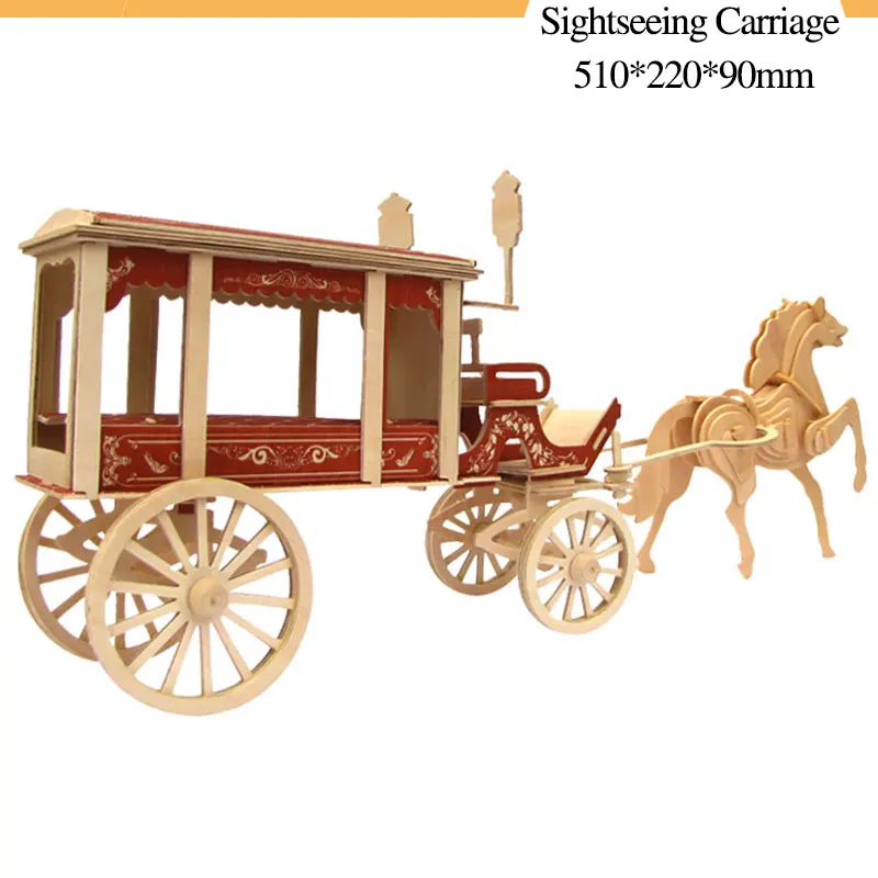 3D головоломка деревянная DIY креативная модель игрушка карета дерево подарок ремесло украшение дома лошадь животное - Цвет: Алый