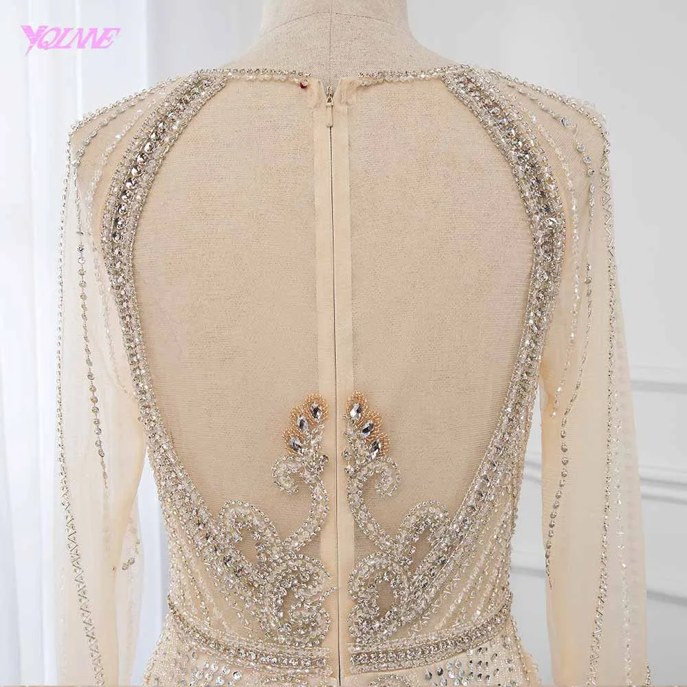 YQLNNE 2019 Luxury Champagne Rhinestones Evening Dresses Long Sleeve Formal Women Gown Mermaid Dress Robe de Soiree