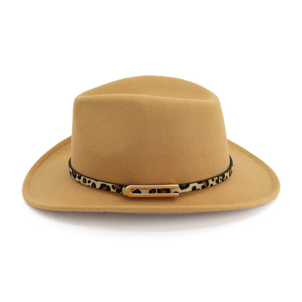 Модная леопардовая Пряжка, украшенная пряжкой, западная ковбойская шляпа для мужчин и женщин, рулон, шерсть, войлок, джаз, Fedora шляпы Панамы Sombrero