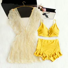 Мягкий комплект бикини с высокой талией купальник с оборками для женщин с сеткой, сексуальный Однотонный женский купальный костюм Biquini из трех частей