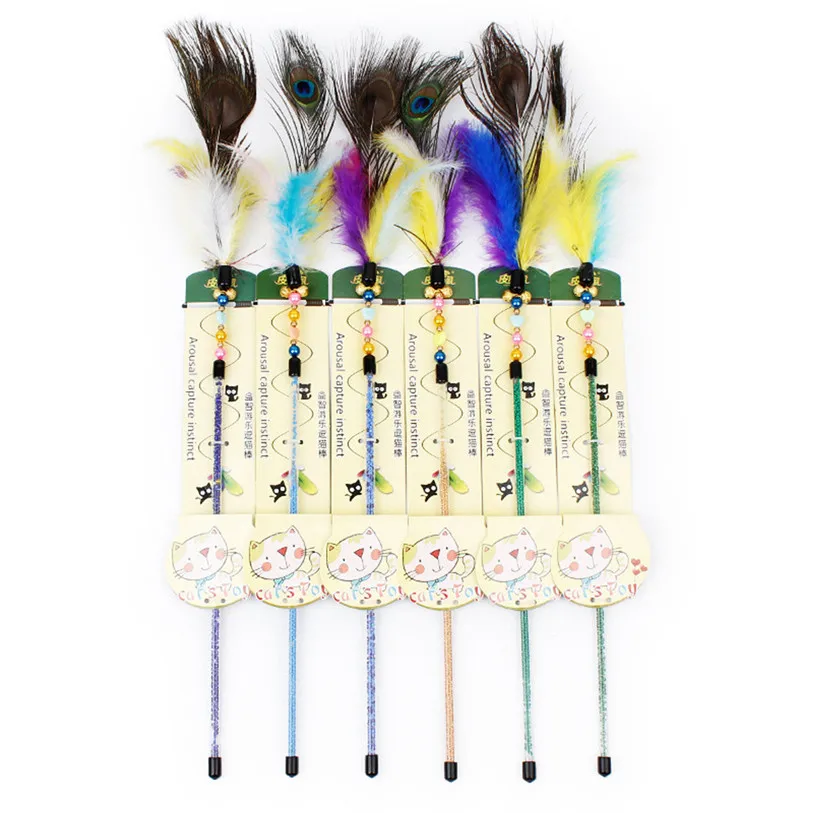 Pet Cat Teaser Kitten Jump Training Toy Peacock Feather Wand Cat Catcher Teaser Stick Cat Interactive Toys Wholesale noDC28