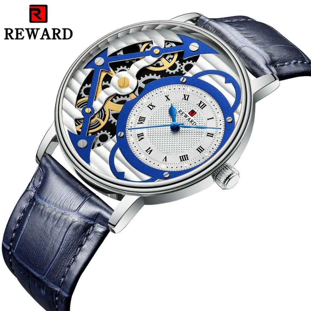 

Top Brand Luxury Quartz Watch Men Skeleton Dial Genuine Leather Strap Japanese Import Movement REWARD Men's Fashion Wristwatch