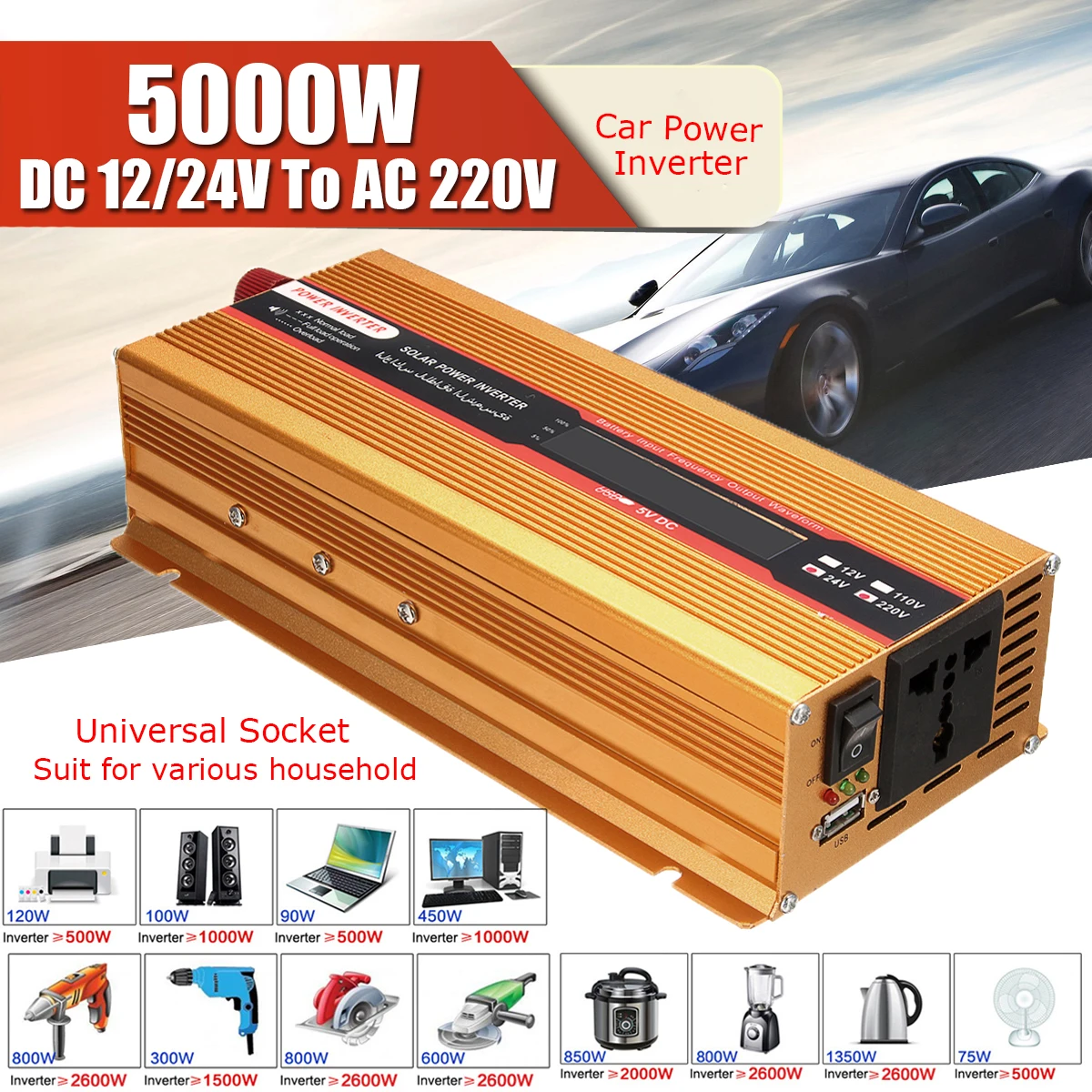

PEAK 5000W 12/24V To AC 220/110V USB Modified Sine Wave Converter Car Power Inverter Voltage Transformer for Various Appliances