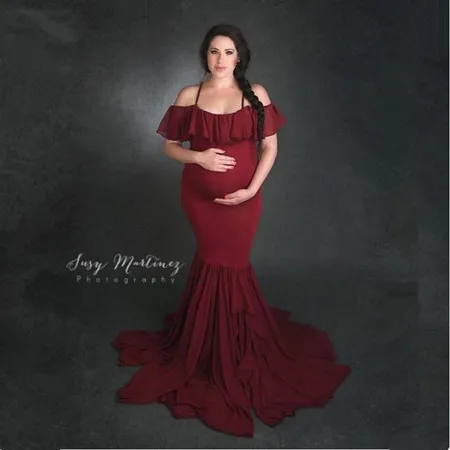Русалка для беременных слинг сексуальные с открытыми плечами шлейф платья для фотосессии беременность фотография Реквизит модное хлопковое Макси платье - Цвет: Red wine