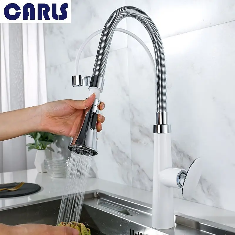 

CARLS Fashionable Simple Spring White Kitchen Faucet Pull Out Sprinkler Faucet Nozzle Cold and Hot Water Faucet Tank Mixer