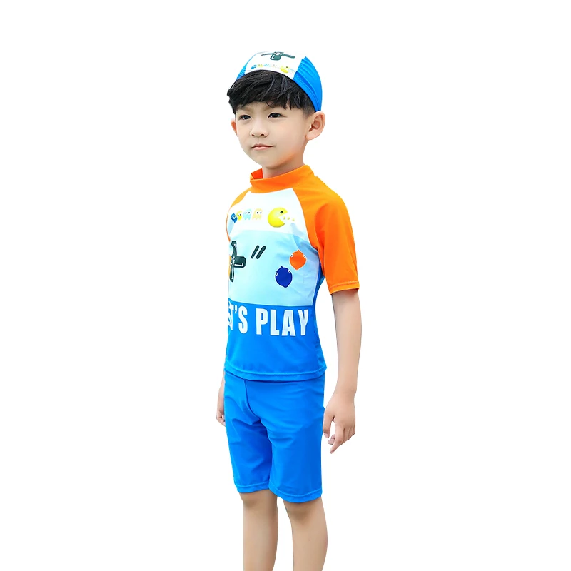Детский купальный костюм для мальчика, комплект из двух предметов и шапочка для плавания, рубашка с короткими рукавами и шорты, детские пляжные шорты, купальные костюмы