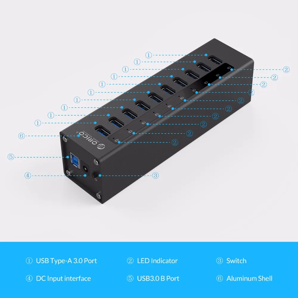 Концентратор USB 3 0 ORICO A3H10 новый дизайн с адаптером питания алюминиевый