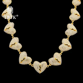 

TBTK Promotion Zinc Alloy Rhinestone two halves Broken Heart Necklace for Couples Hiphop Creative Jewelry Gold Chain
