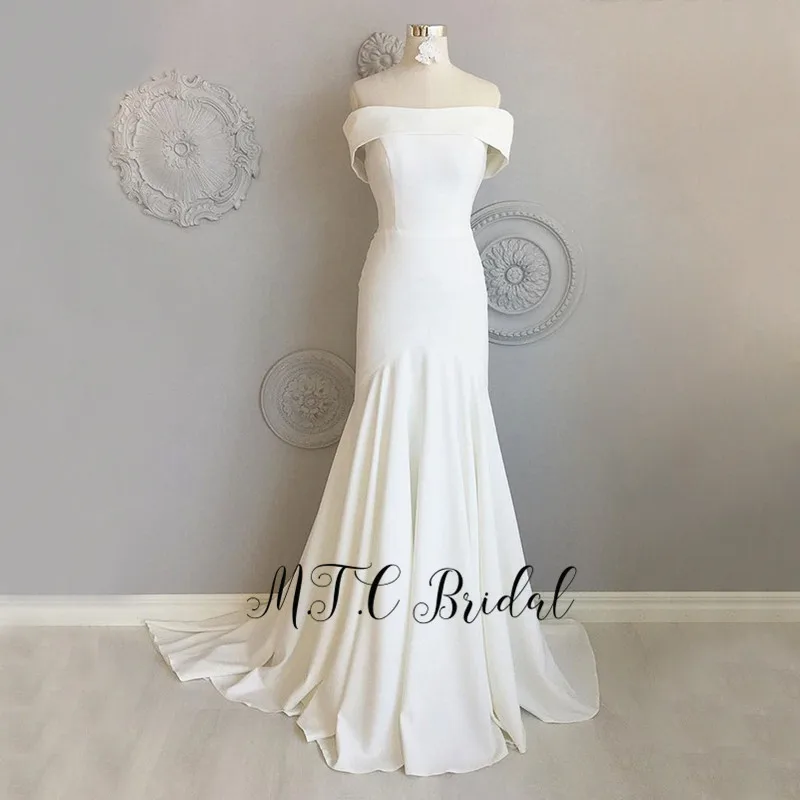

Newest 2019 White Mermaid Long Dress Evening Off The Shoulder Sweep Train Elastic Satin Simple Prom Gowns Vestido De Festa Cheap