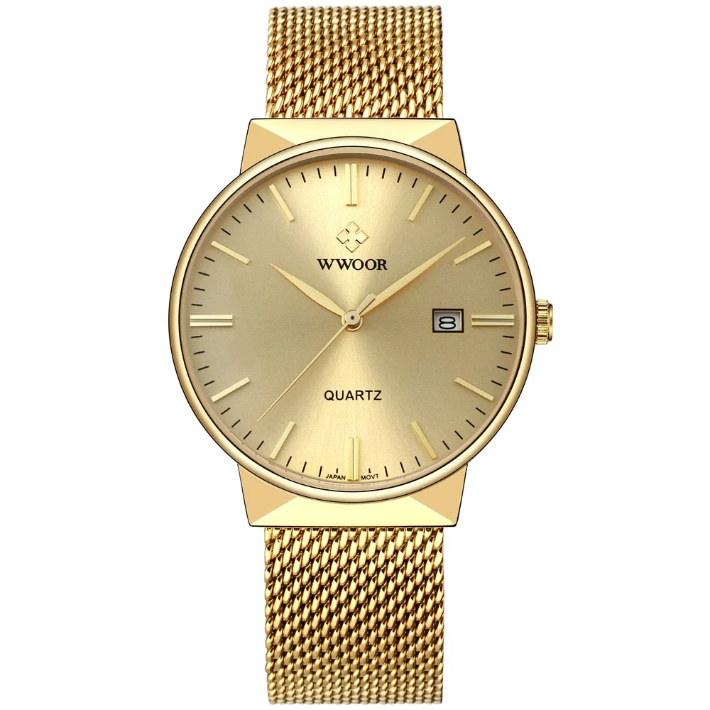 

New Luxury Brand WWOOR Watches Men Gold Stainless Steel Mesh Band Fashion Quartz Watch Ultra Thin Clock Male Relogio Masculino