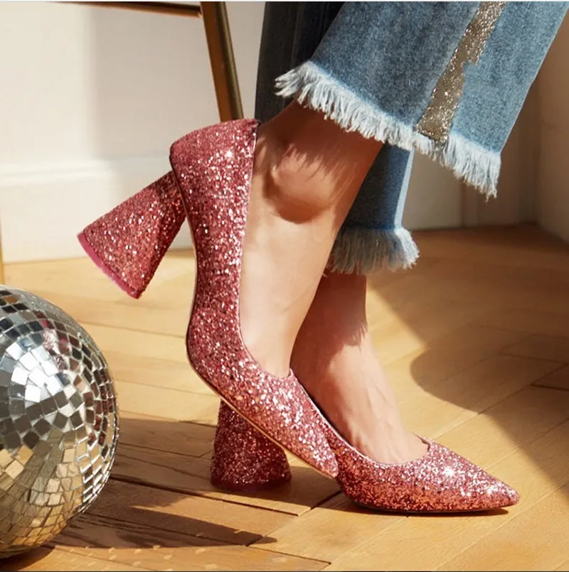 

bling bling woman Wedding shoes summer pointed sequin wedding bridesmaid shoes crystal bride chunky high heel wedding shoes