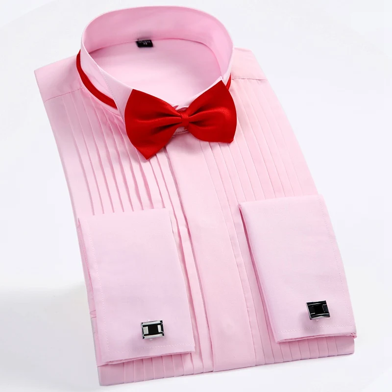 Тренд для мужчин торжественное платье рубашки для мальчиков одноцветное Свадебная вечеринка с длинными рукавами французский запонки - Цвет: Pink