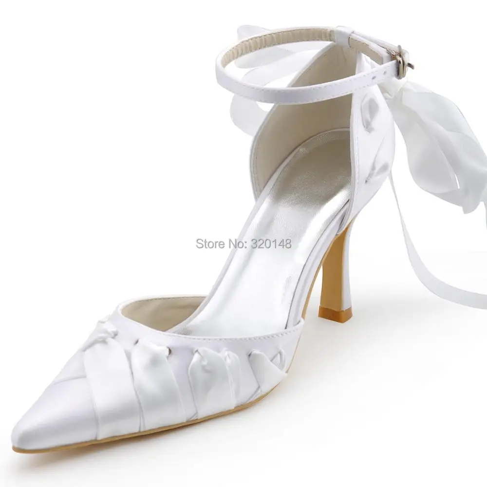 Woman Wedding Bridal Shoes White Ivory High Heel Pointy Toe Ankle