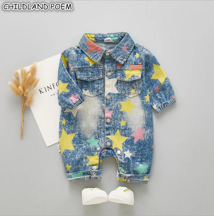 Ropa de bebé recién nacido otoño bebé Denim Rompers para niños mono de manga larga de impresión bebé Romper ropa bebe bebé traje 3-18 m Ropa de bebé recién nacido otoño bebé Denim Rompers para niños mono de manga larga de impresión bebé Romper ropa bebe bebé traje 3-18 m