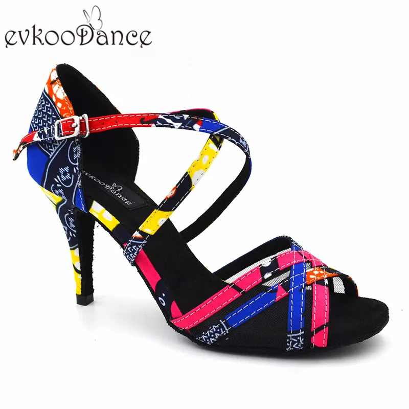 Skup Zapatos De Baile czerwony kwiat satyna z czarna siatka Salsa Latin dla kobiet 8.5cm wysokość obcas profesjonalny rozmiar US 4 12 otwarty NL166