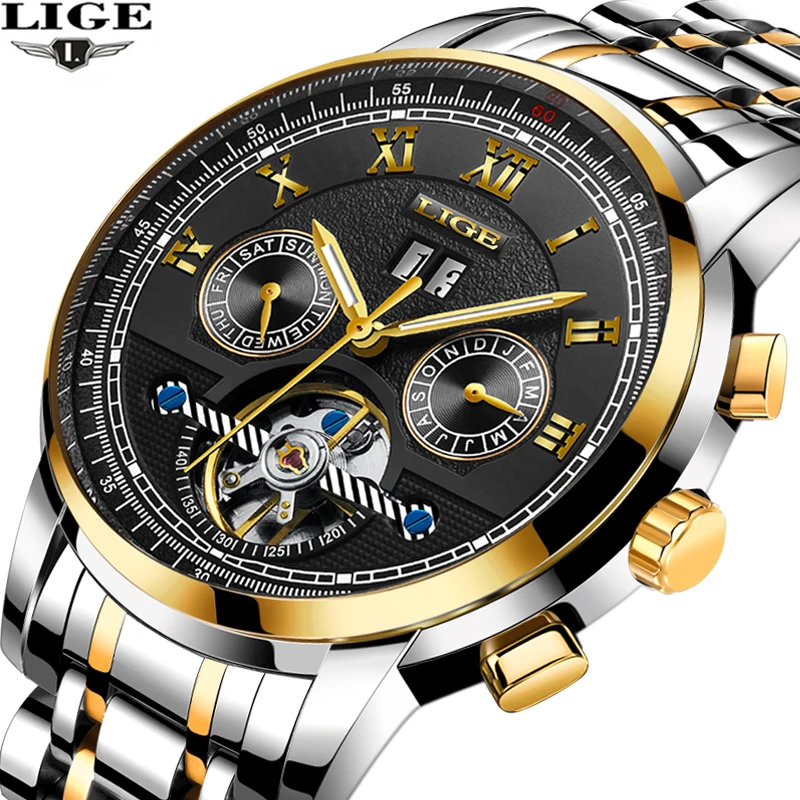 

LIGE mens watches top brand luxury Sports steel strap mechanical watch Military watch waterproof men's clock relogio masculino