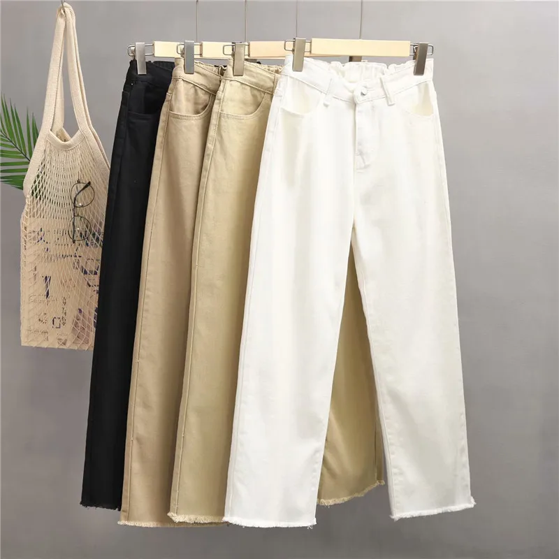 

2019 Spring Woman Loose Wide Leg Jeans Pants Solid Elastic Waist Casual Demin Trousers Fashoin Femme Tassel Jeans Pant