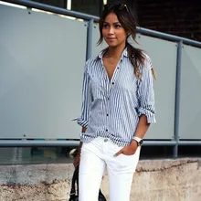 Women Blouses 2016 Summer Commuting Blouse Turndown Collar Long Sleeve Striped Shirt Loose Casual Cotton Women Clothes