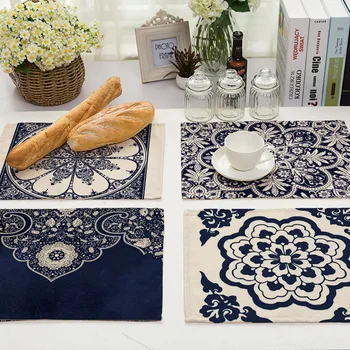 

1Pcs Blue and white porcelain Pattern Placemat Dining Table Mat Tea Coaster Cotton Linen Pad Cup Mats 42*32cm Home Decor MC0034