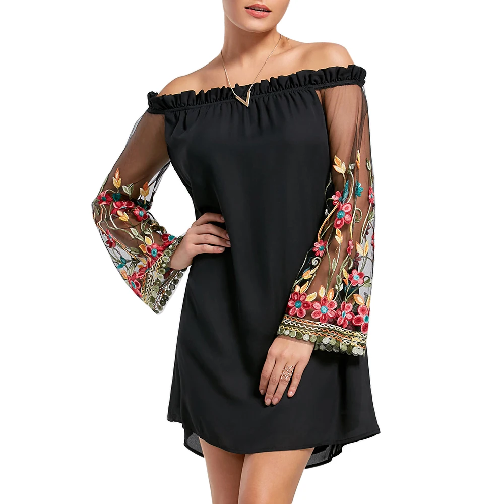 VESTLINDA Embroidery Flare Sleeve Off Shoulder Dress Women Summer Dress 2018 Short Mini Vestidos Black Tunic Dress Robe Femme 2