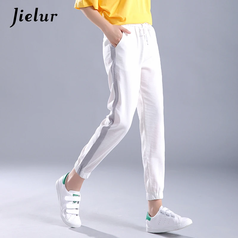 Lado Blanco rayas Pantalon mujer de moda de calle Casual Fitness las Color delgada suave cintura elástica Harem Capri damas|harem capris|fashion caprifashion pants women - AliExpress