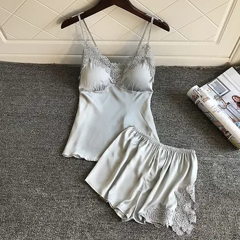 

BZEL Pajamas Sets Sexy Sleepwear Silk Satin Underwear V-neck Lingerie Lace Pyjamas For Women Tops+Pants Pijama Mujer 2pcs/set