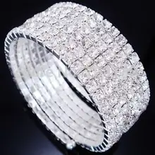 6 Row Silver Tone Rhinestone Crystal Adjustable Stretch Wedding Bangle Bracelet wholesale 12pcs bracelets
