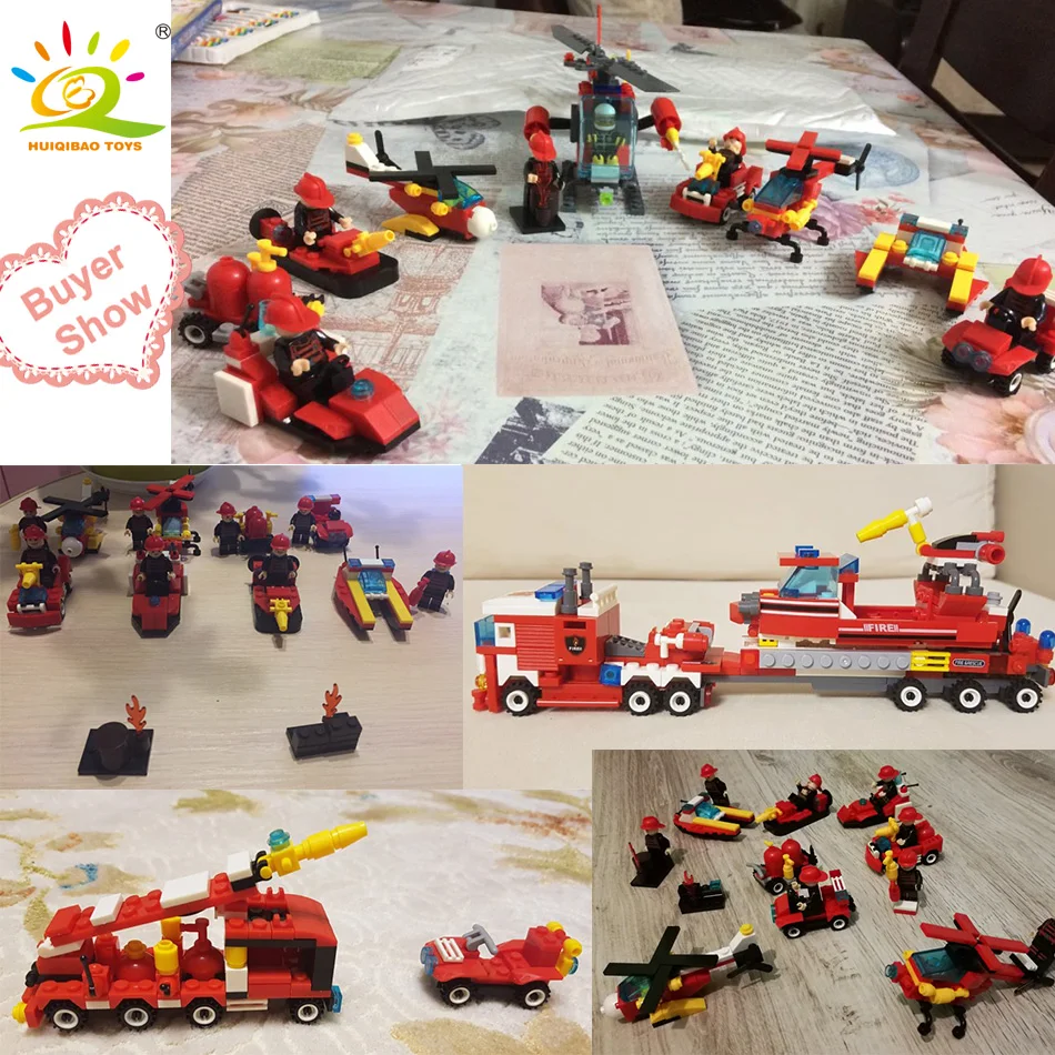 376pcs 8in1 Fire fighting Building model kit Legoings city truck Firefighter Helicopter Educational Bricks children Toys