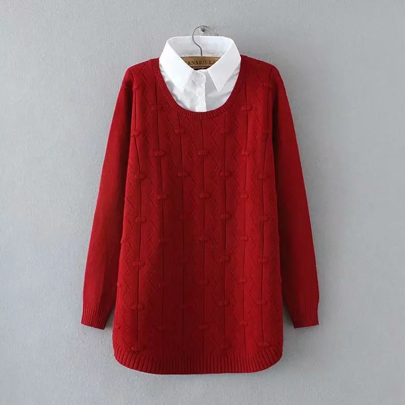 Большие размеры, эластичные пуловеры, вязанные осенние Лоскутные женские свитера с длинным рукавом,, два ложных предмета, Дамская мода, pull femme - Цвет: Бургундия