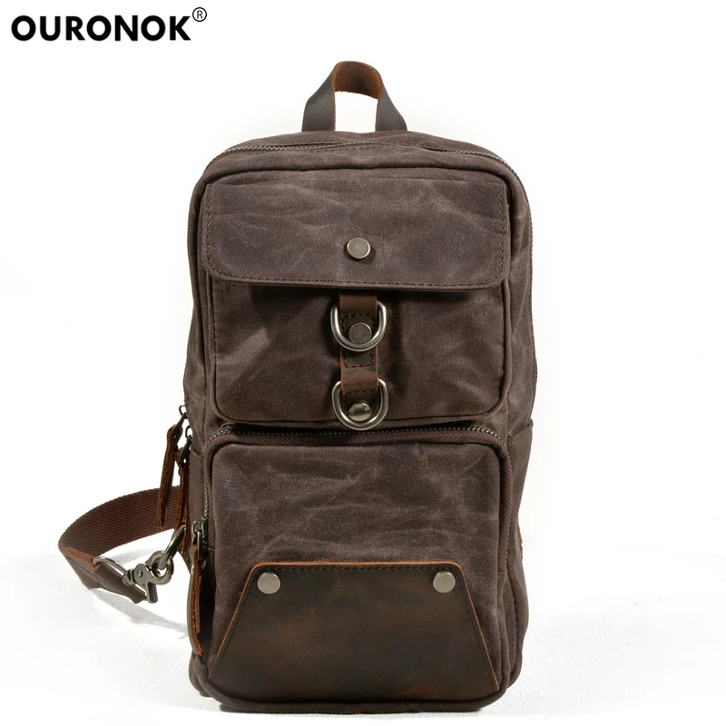 

OURONOK Men's One Shoulder Bag Travel Waterproof Messenger Bags Male Sling Chest Bag Vintage Canvas Casual Multifunction Leather