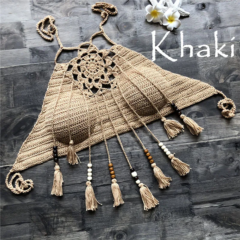 Boho пляж бикини Холтер Cami женщины крючком кружева Bralette вязать бюстгальтер Танк укороченный топ - Цвет: Хаки