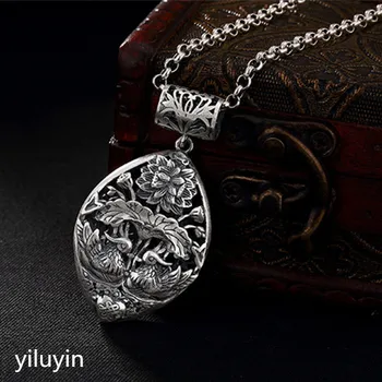 

KJJEAXCMY Thai silver retro made old hollow lotus lotus leaf sweater chain Pendant Sterling Silver 990 silver Yin Mandarin Pen