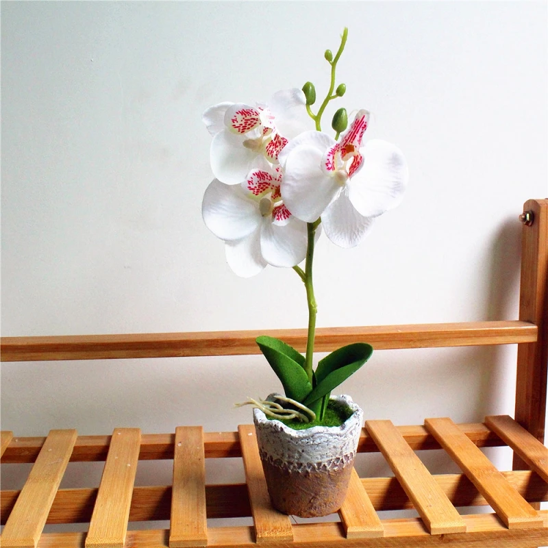 1Set Artificial Bonsai Silk Butterfly Orchid Simulation plant Cement pots decorative flowers set for Home Wedding Decoration - Цвет: Белый