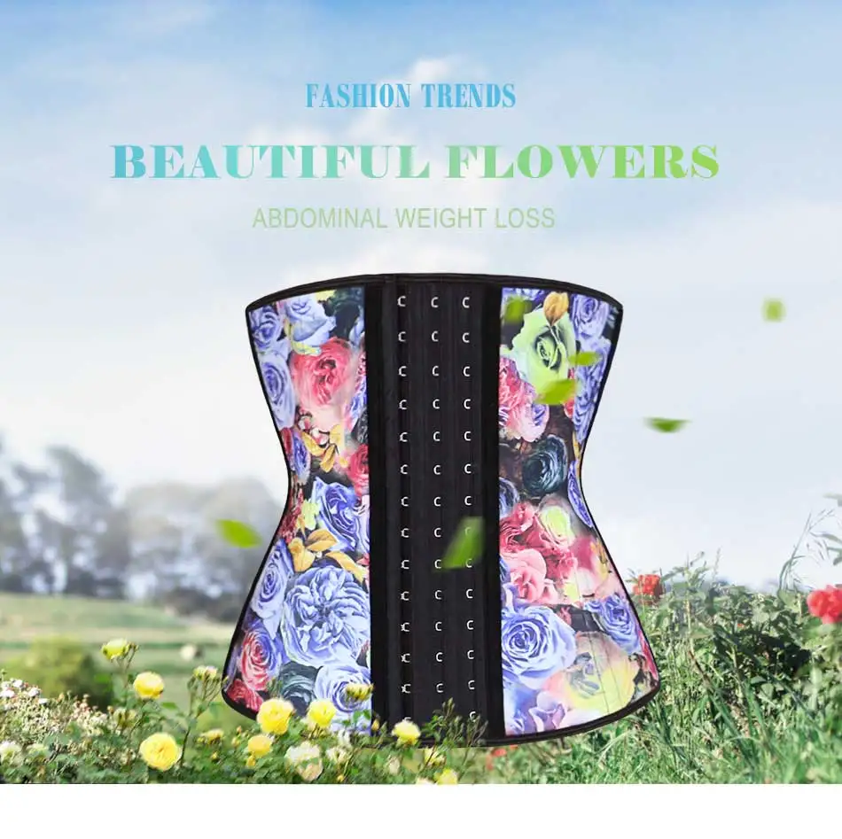 NB1403 01 Atbuty Steel Boned Waist Trainers Rose Printing Waist Corsets Latex Slimmer Hooks Closure Body Control for Postpartum Women (1)