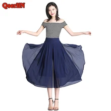 QoerliN 2018 Summer Chiffon Wide Leg Pants Skirt High Waist Loose Casual Big Size Office Mesh Fashion Elegant Palazzo Trouser self belted skirt palazzo pants